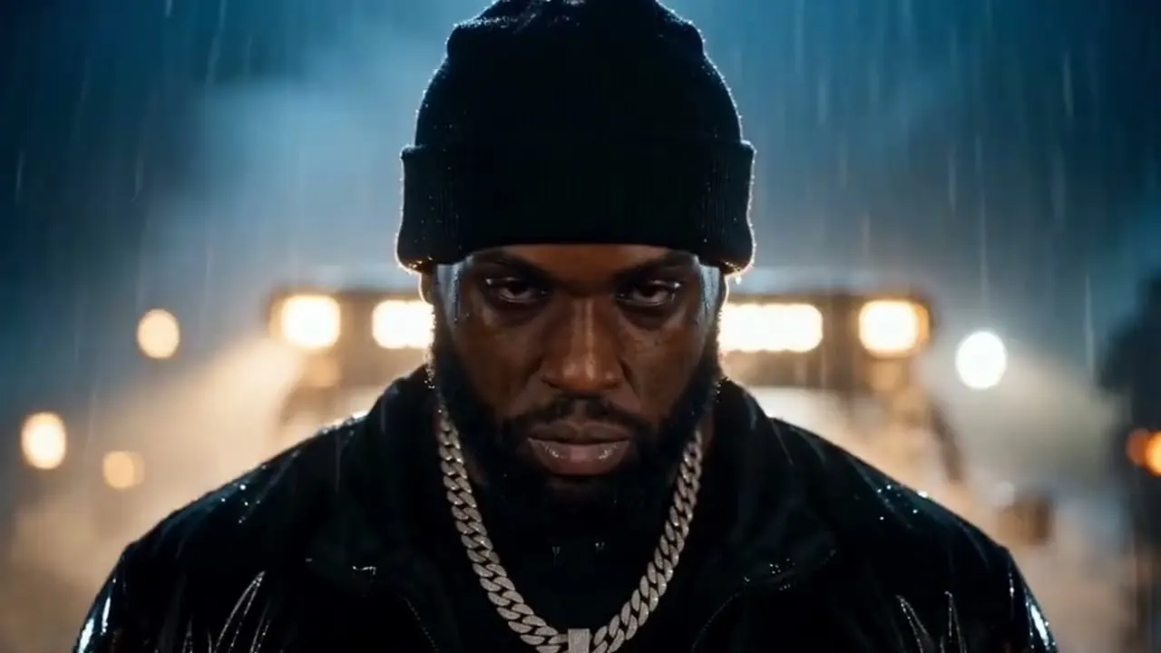 Tru Foe in a black beanie and puffer, rain falling, headlights behind him