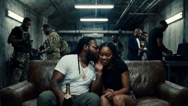 A scene from Mud: a couple on a leather couch in a concrete room, the crew around them